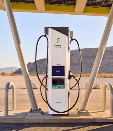 Electrify America Hyper-Fast charger close-up showing new label system