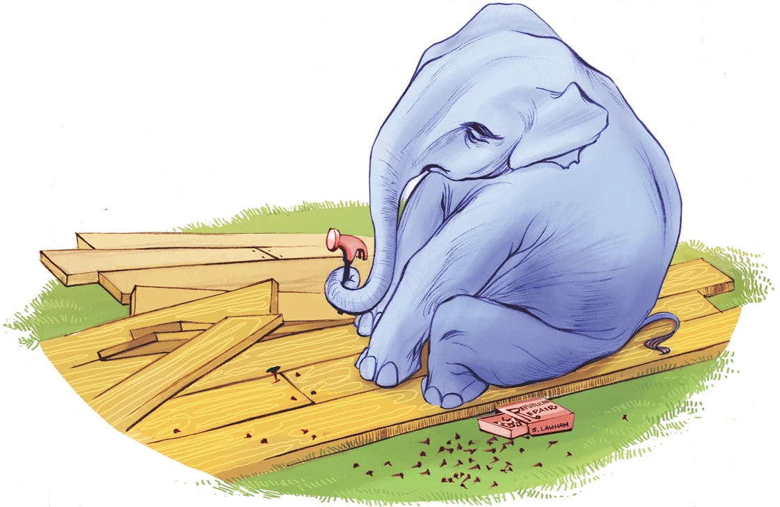 Elephant rebuilding Republican party illustration
