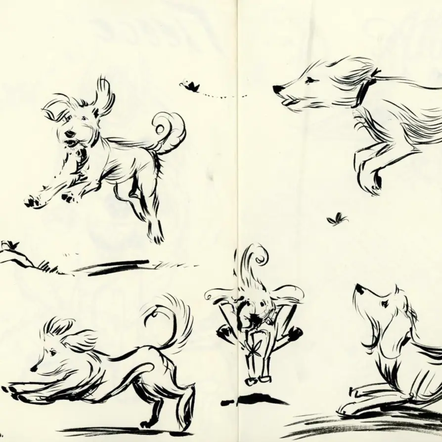 Dog gesture studies in ink